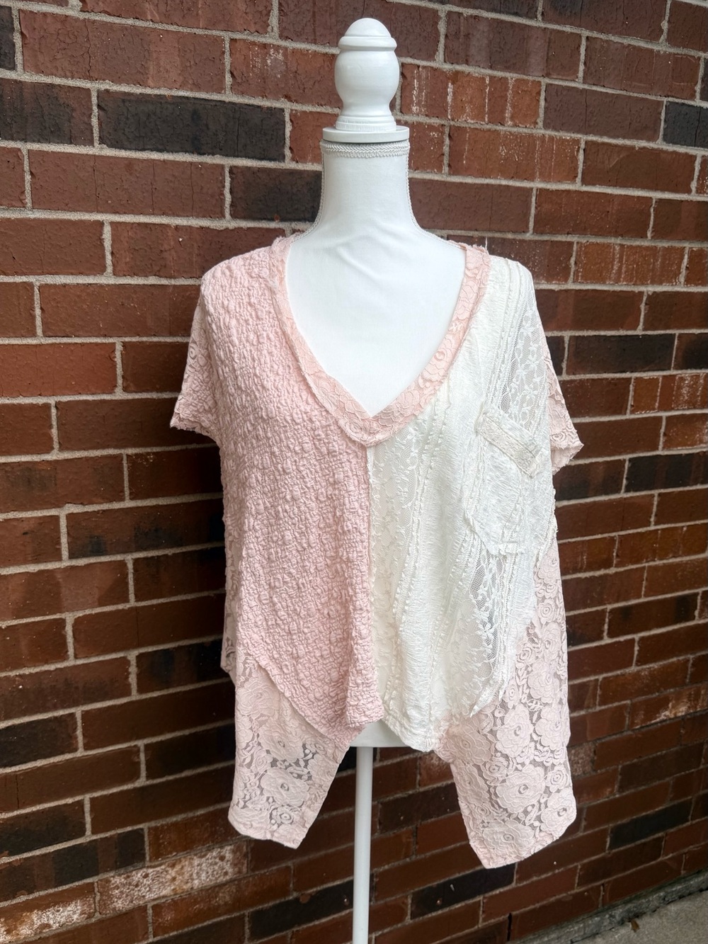 POL Oversized Lace Patchwork Boho Tunic Top Pink Ivory Cottagecore S